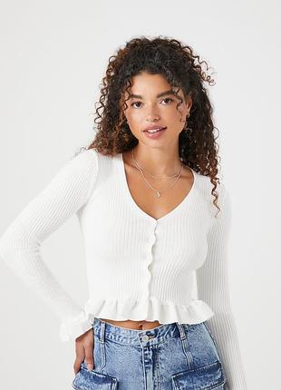 H&amp;m белая укороченная кофта в рубчик на пуговицах в идеале размер 44 s🌺