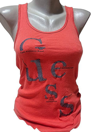 Коралова майка в рубчик guess (розмір xs) оригінал / яскрава літня майка гесс