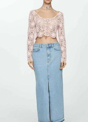 Стильний ажурний в'язаний кроп-топ / кофтинка zara з довгим рукавом (розмір m)