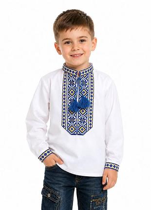 Вишиванка для хлопчика , тканина біла, орнамент синьо-жовтий