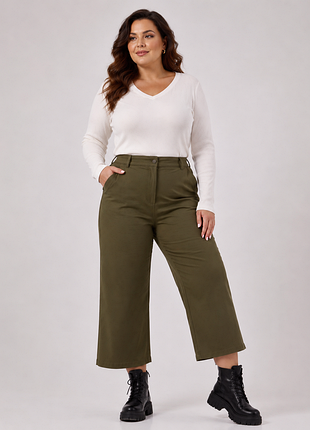Жіночі котонові батальні штани culotte кюлоти кольору хакі.