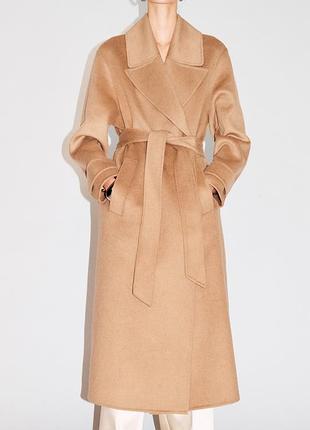 Пальто шерстяное zara camel светло-коричневое на запах оверсайз тренд