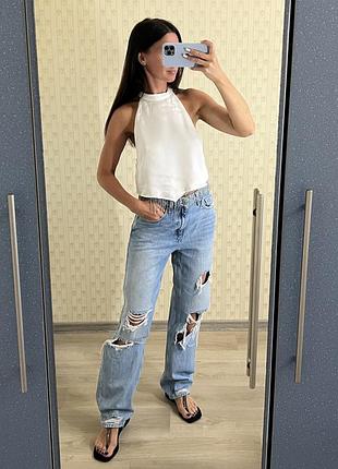 Белой топ zara с камнями блестящий нарядный атласный белая рубашка zara