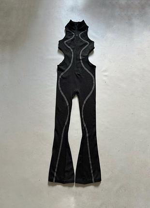 Комбінезон жіночий catsuit спортивний утягуючий з кльош штанами з вирізами по бокам на змійці s темно сірий