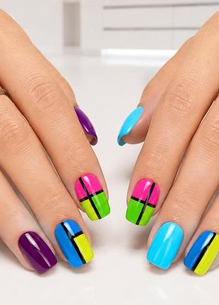 Накладні нігті color block miami pop 2026 короткі квадратні 24 шт. з геометричним неоновим дизайном і клейкими желейками