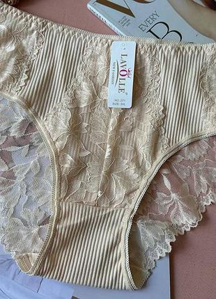 3xl–5xl женские хлопковые трусы-слипы lavolle бежевые с кружевом, высокая посадка, большие размеры