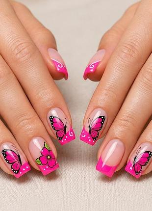 Набір накладних нігтів butterfly garden pink — коротка квадратна форма з рожевим френчем, 24 шт.