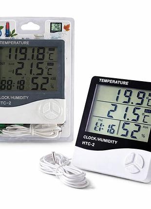 Цифровий термометр-гігрометр вулично-кімнатний htc-2 з годинником 1r03 №нтс-2, великий рк-дисплей та пам'ять мін/макс