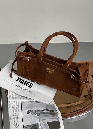 Сумка жіноча prada medium suede tote bag через плече карамель прада