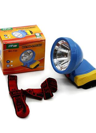 Налобный фонарь №722 с led-элементом на батарейках, пластмассовый корпус