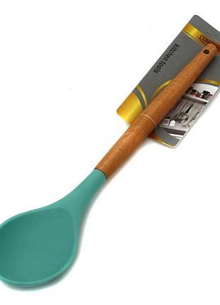 Кухонная овальная ложка ybi-qc-10 из силикона с деревянной ручкой 32×7 см