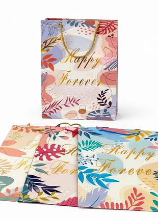Подарунковий пакет з написом happy forever, з барвистим принтом, розмір 26×32×12 см l №3550-l