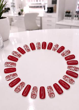 Накладные ногти «королевские розы & бордовый бархат» (royal rose burgundy press-on nails set, 24 шт.)