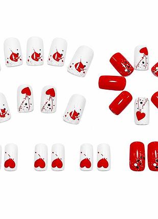 Накладные ногти «страстное сердце & арт-брызги» (red hearts & splatter art press-on nails set, 24 шт.)