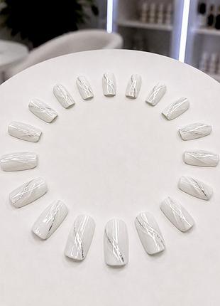 Накладные ногти «свадебная вуаль & серебряные паутинки» (bridal white & silver waves press-on nails set, 24 шт.)