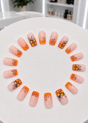 Накладные ногти «оранжевый френч & солнечный цветок» (orange french floral press-on nails set, 24 шт.)