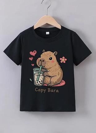 Стильна чорна дитяча футболка з капібара, дитяча футболка з capybara, розмір 120