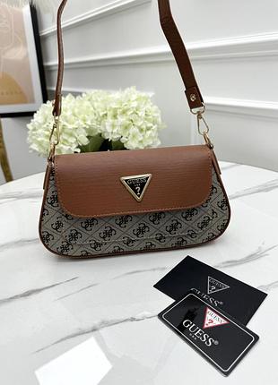 Сумка женская guess багет бежевый с коричневым мини на плечо гесс