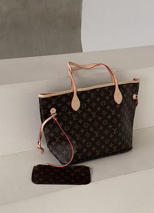 Сумка жіноча louis vuitton neverfull коричневий із бежевими ручками шопер луї віттон