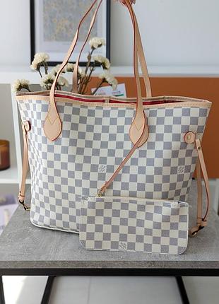 Сумка жіноча louis vuitton neverfull бежевий шаховий шопер луї віттон
