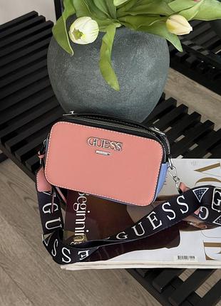 Сумка жіноча рожево-синя guess гес крос-боді на широкому ремені