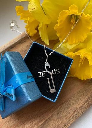 Серебряное колье хрестик jesus (иисус)