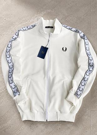 Біла олімпійка fred perry з жакардовими лампасами, кофта фред перрі на блискавці без капюшона, зіпка для чоловіків l