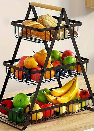 Настільний триярусний кошик - фруктівниця з дерев'яною ручкою triple fruit basket · розбірний металевий кошик для фруктів