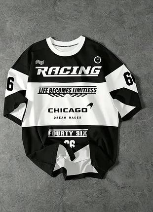 Чоловіча футболка oversize racing chicago з принтом, чорно-біла, розмір xxl