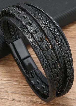 Стильний шкіряний браслет для чоловіків multi-layer на магнітній застібці на руку 17-19 см
