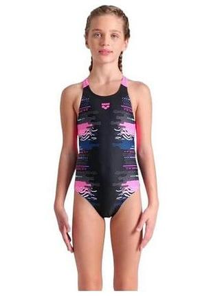 Купальник для дівчат arena rhythm swimsuit v back l чорний, рожевий діт 116 см