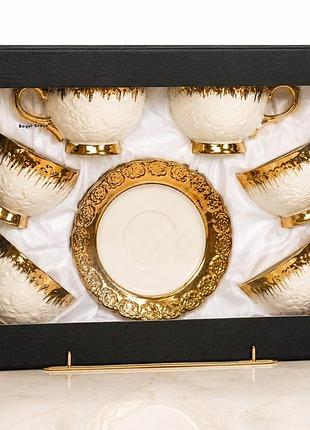 Сервіз для кави на 6 пр 12 предметів набір чашок з блюдцем білі рифлені з окантовкою золотою чашки для еспресо