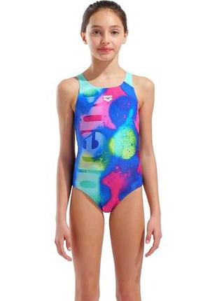 Купальник слитный для девушек arena spray paint swimsuit swim pro синий, розовый, желтый детский 164 см (010286-740)