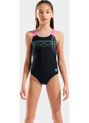 Купальник закритий для дівчат arena sunrise swimsuit swim pro back чорний, бірюзовий, рожевий 116 см