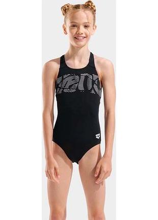Купальник закритий для дівчат arena graphic swimsuit v back чорний, білий 128 см