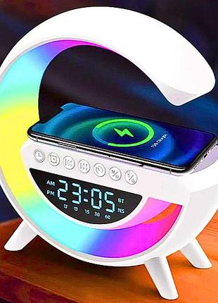 Настільна смарт лампа-нічник g-smart з бездротовою зарядкою та bluetooth колонкою, rgb нічник з годинником