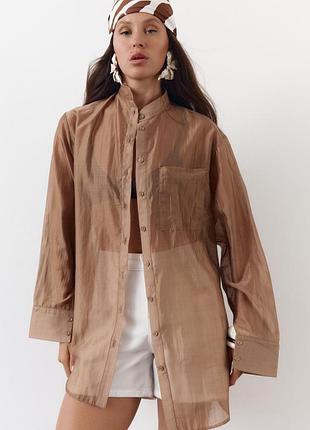 Бежевая женская удлиненная рубашка с тенсела breeze shirt 42-46