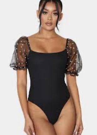 Боді боди блузка блуза prettylittlething чорне з квадратним вирізом рукава ліхтарики сітка пишні великі сітчасті в горошок горох в стилі ретро літнє