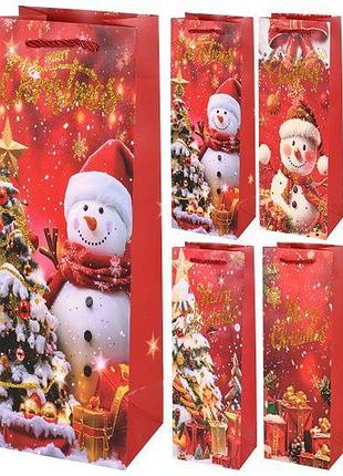 Пакет новорічний паперовий під пляшку "merry christmas" 12*9*35см топ продаж!