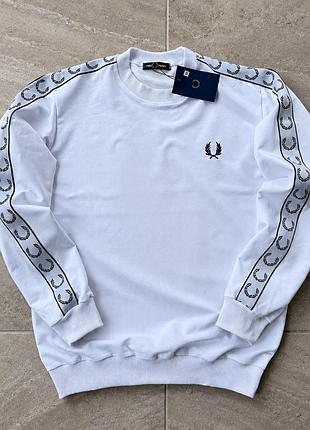 Белый свитшот fred perry с лампасами, кофта фред перри с вышивкой, кофта без капюшона для мужчин xl