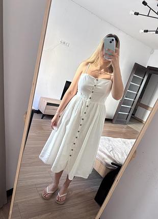 Лляний білий сарафан h&m на ґудзиках / біла літня сукня міді h&m (eur 40 / l-m)