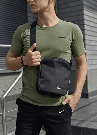 Спортивный летний мужской комплект nike | футболка nike мужская хаки | шорты мужские найк черные | барсетка