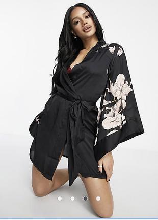 Сатиновий халат кімоно hunkemöller noir bloom satin kimono оригінал преміум xs/s