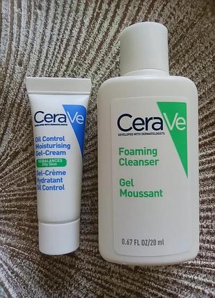 💙💚набір 2шт. пробники cerave зволожуючий гель - крем + гель для вмивання для жирної та комбінованої шкіри обличчя