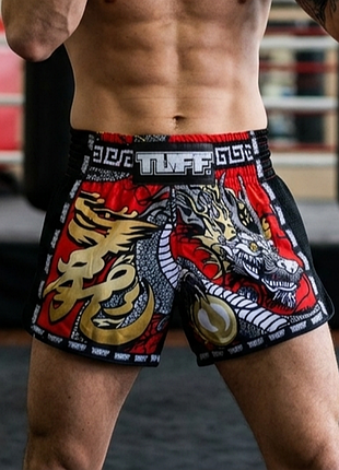 Шорти боксерські муай-тай tuff mma для єдиноборств дракон стильні унісекс червоні чорні розмір s-m чоловічі жіночі