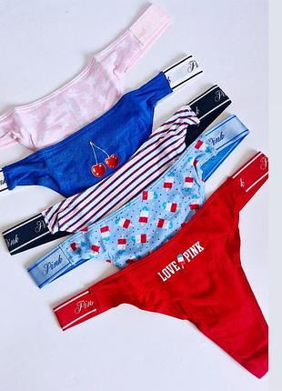 Набор трусиков victoria's secret pink 5 штук стринги victoria’s secret pink белье victoria’s secret бюстгалтер