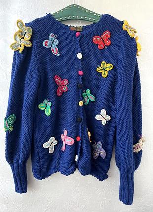 Яскравий синій кофта/кардиган inzy vintage з метеликами 3d вовна ручна робота  hand made