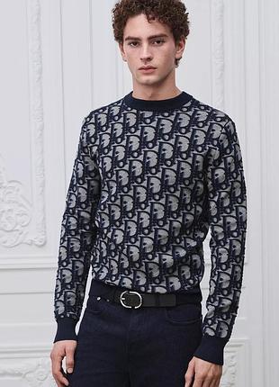 Светр світшот dior oblique синій, розмір m, шерсть/шовк/бавовна