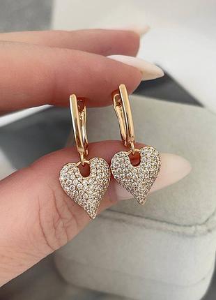 Сережки медзолото, підвіски сердечко серце в камінцях