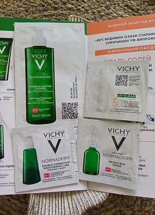 💚набір 4шт. пробників vichy normaderm для жирної та комбінованої шкіри сироватка + флюїд + гель для вмивання + спф50